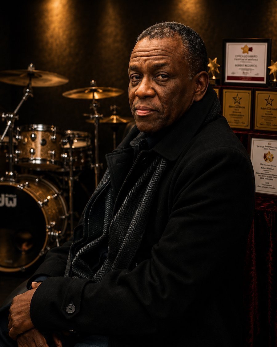 Portrait of Robert Reddrick in a black coat beside his drum kit and framed theater awards